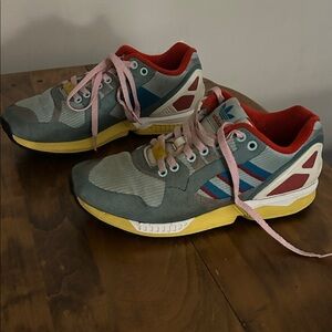 Adidas Gray and Red Sneakers with Pink Laces